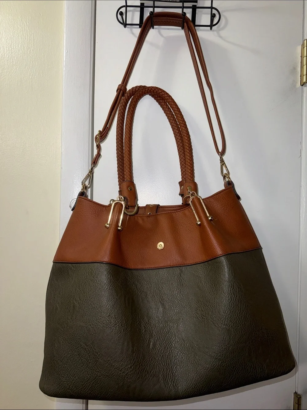 Two-Tone Shoulder Tote Bag in Brown and Olive